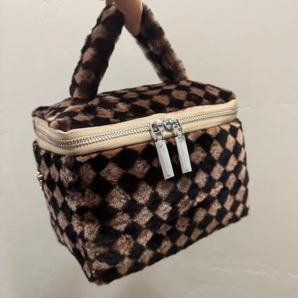 Checkerboard Real Shearling Leather Handmade Boxy Bag Set/Lamb Fur Crossbody Bag - Picture 5 of 16